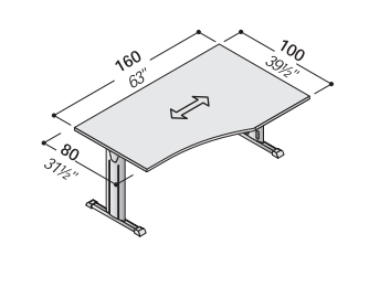 Oxi стол с металлическими опорами д.160*ш.80-100*в.72см левый поворот,толщина столешницы 25мм