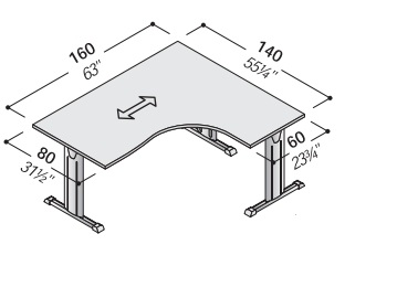 Oxi стол с металлическими опорами д.160*ш.140(80-60)*в.72см правый поворот,толщина столешницы 25мм
